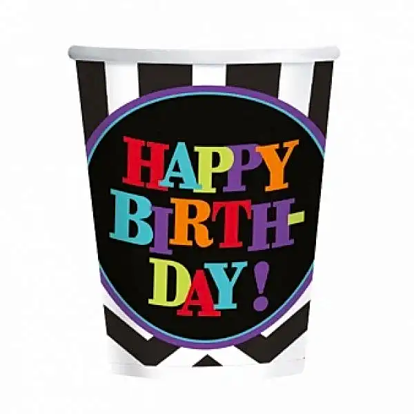 8 Pappbecher Schwarz Weiss Chevron Happy Birthday -0