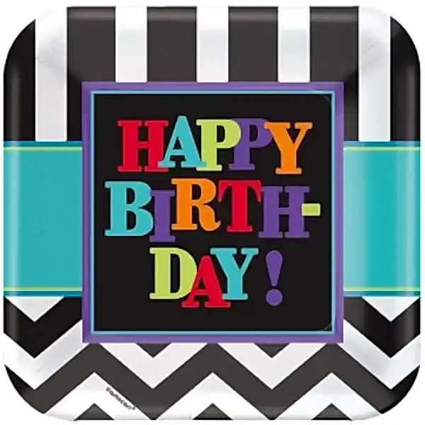 8 Schwarz Weiss Chevron Happy Birthday Teller-0